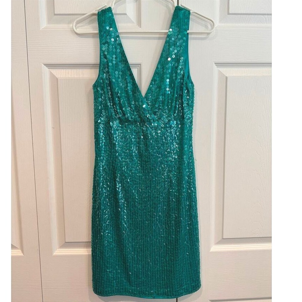 Vintage 90s Sequin Teal Mini Dress Sz 4 Sleeveless Sparkle Party Cocktail